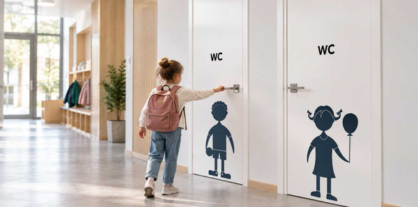 WC-merking fra Skoledekor – tydelige toalettsymboler på dør og vegg i skole, barnehage og SFO