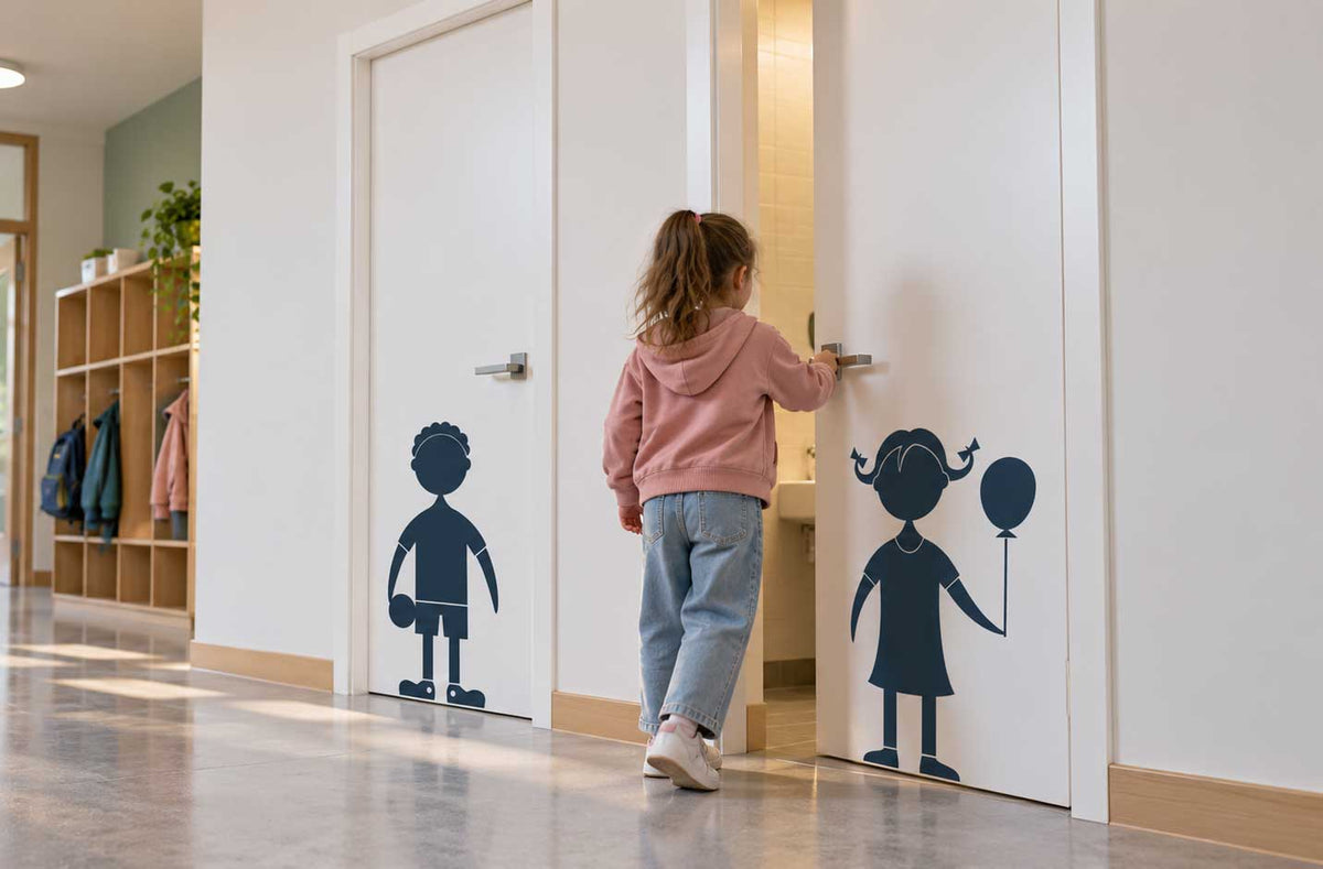 WC-merking i skolebygg – symboler på dør og vegg viser vei til toalettet for elever og besøkende