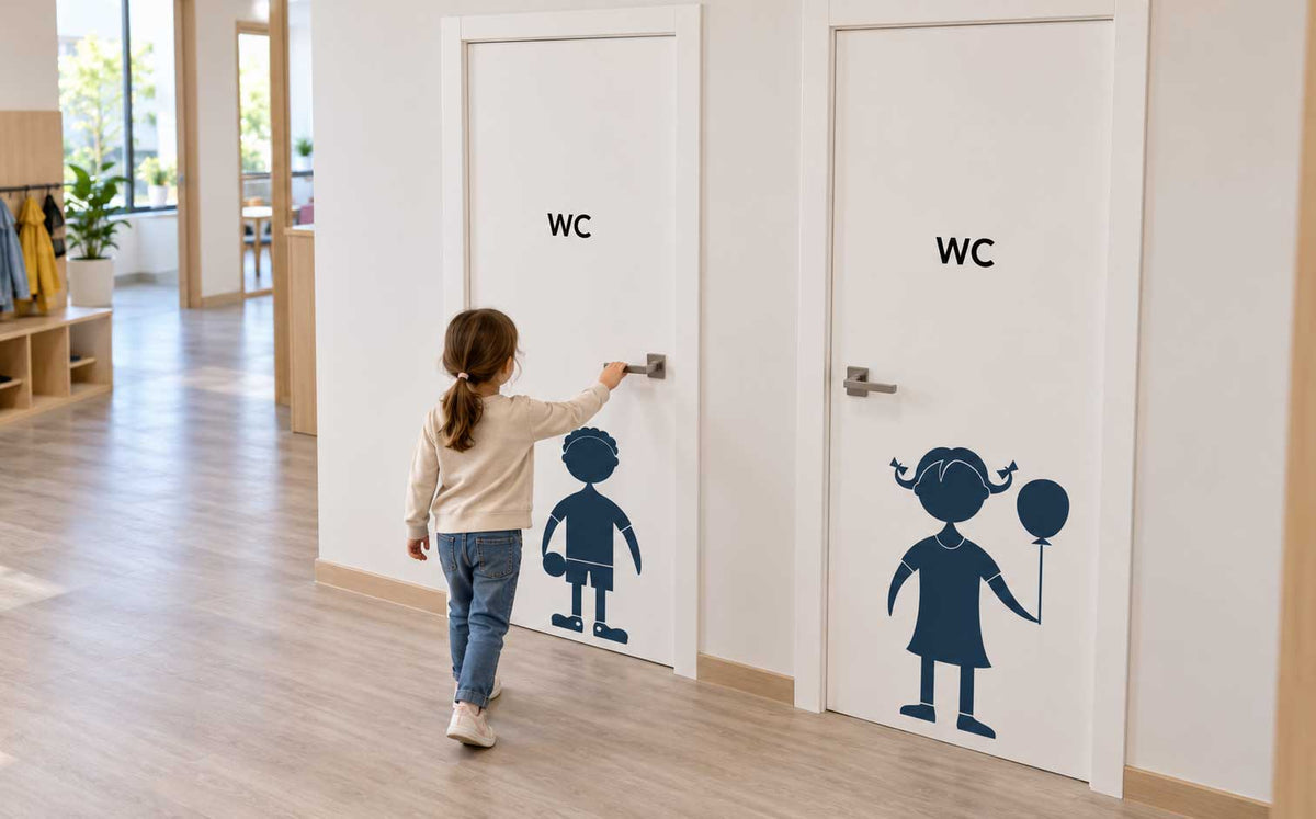 Folie med WC-symboler gir universell utforming og trygg orientering i skole og barnehage